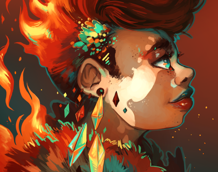Illustration of a woman in profile with fiery clothing and hair; artwork for the cover of FIYAH Magazine Issue #1