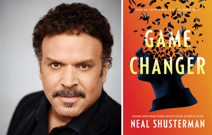 Author Neal Shusterman and the book cover for Game Changer