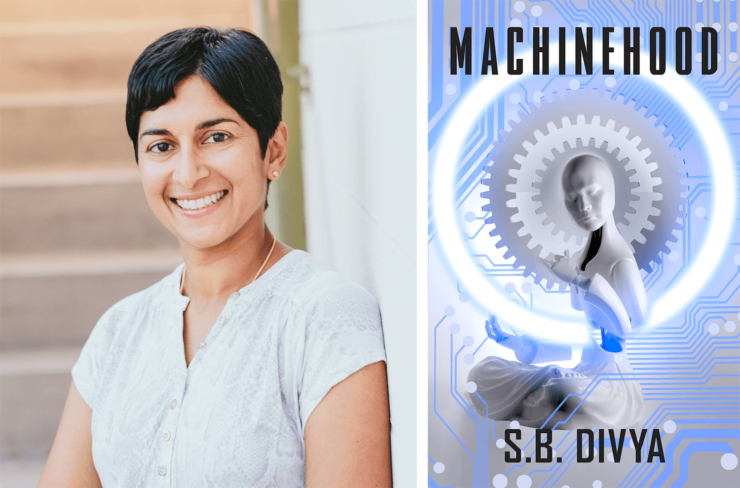 Author SB Divya and the cover for Machinehood