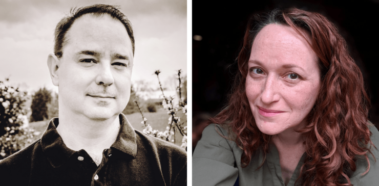 Headshots of authors John Scalzi and Mary Robinette Kowal