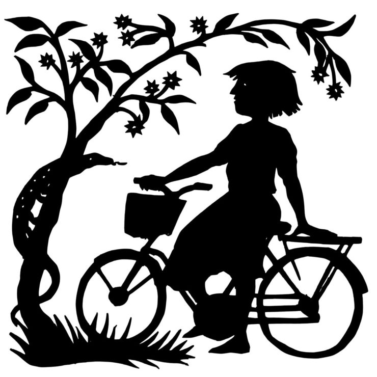 silhouette cutout of a girl on a bicycle beside a tree with a lizard on its trunk