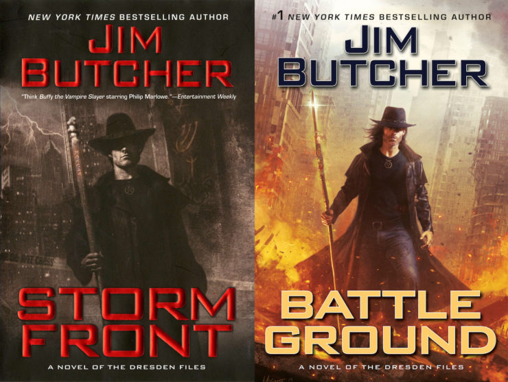 Covers for Dresden Files books, Storm Front and Battle Ground by Jim Butcher