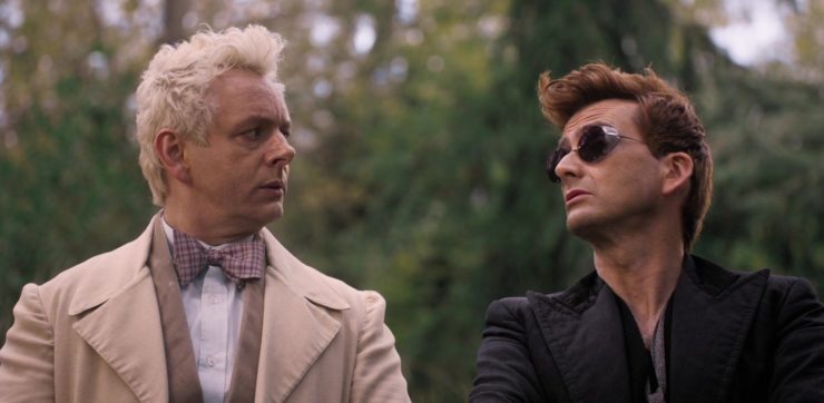 Good Omen, Crowley and Aziraphale, sitting on bench staring at each other