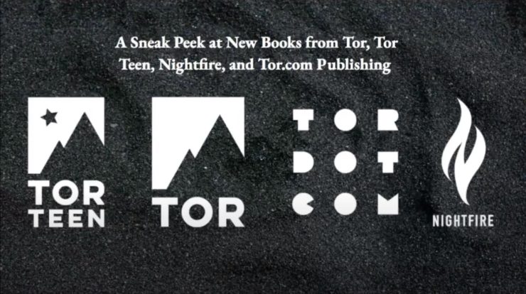 SDCC sneak peek for Tor Books, Tor Teen, Tor.com Publishing, and Nightfire, logos displayed