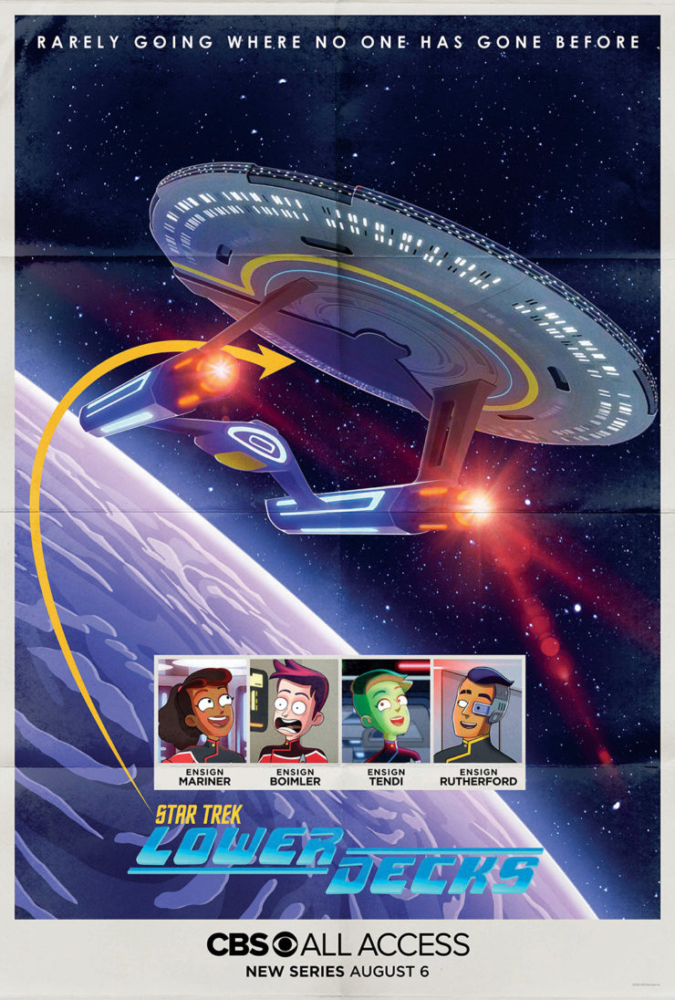 Star Trek: Lower Decks teaser art poster, featuring starship and small square pics of cast members