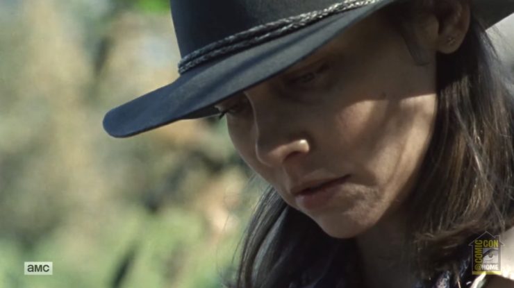Lauren Cohen as Maggie in the season ten finale of The Walking Dead, reading a letter