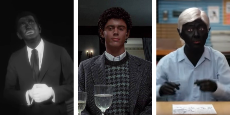 Characters in blackface in scenes from The Jazz Singer (1927), Soul Man (1986), and Community (2011)