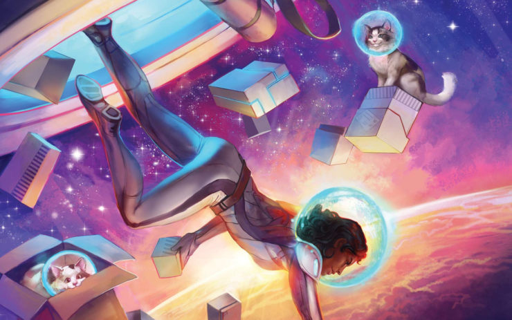 selection from the cover art for Chilling Effect, depicting a woman and two cats floating in space, wearing space suits