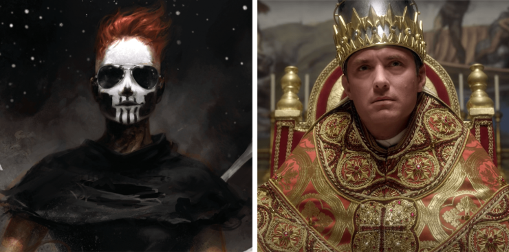 detail from the Gideon the Ninth cover art and a screenshot of Jude Law in The Young Pope