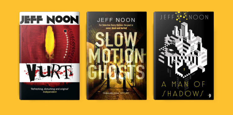 Book covers for Vurt, Slow Motion Ghosts, and A Man of Shadows