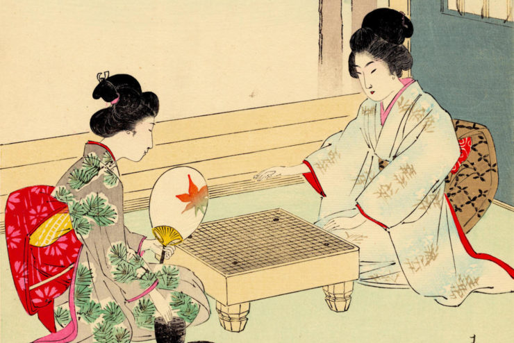 Woodblock illustration of two women playing Go