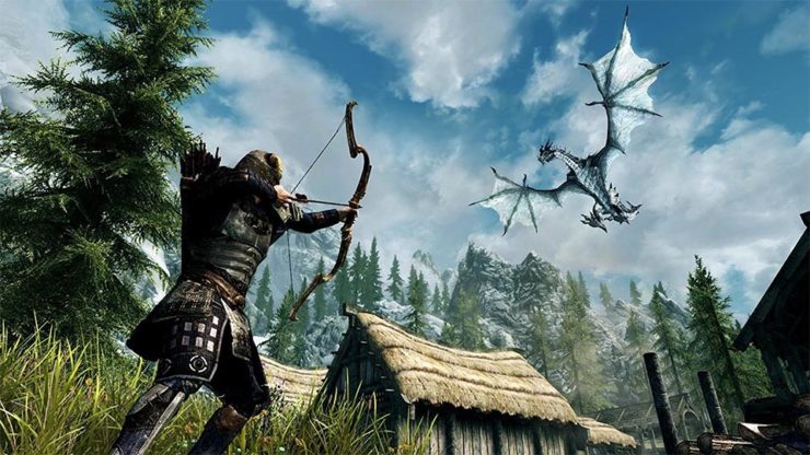 video game screenshot from Skyrim, showing an archer aiming at a dragon