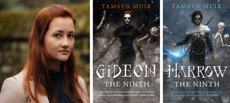 Author Tamsyn Muir and the covers of Gideon the Ninth and Harrow the Ninth