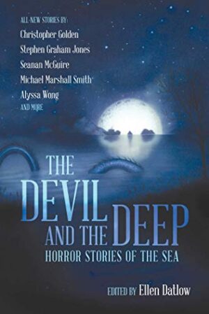Devil and the Deep cover: sea serpent coils emerging from a sea lit by an enormous rising moon.