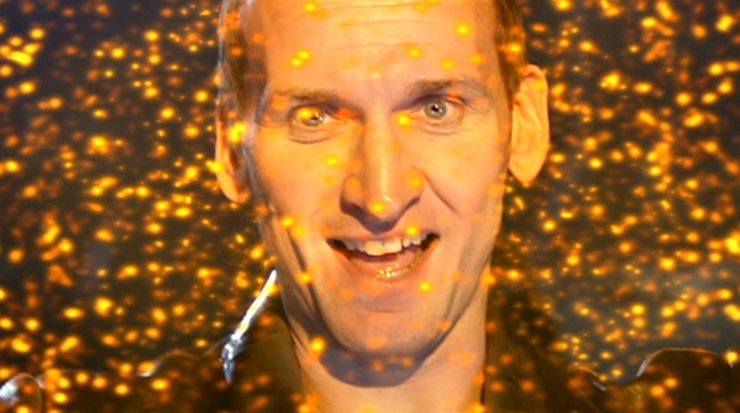 Christopher Eccleston as the Ninth Doctor at the end of The Doctor Dances, surrounded by nanogenes, smiling