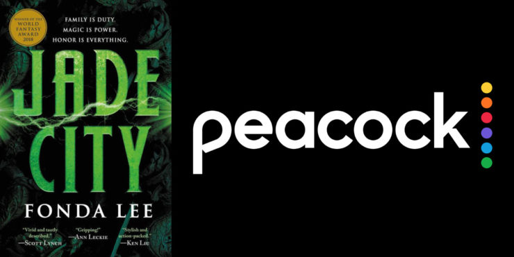 Jade City cover next to peacock streaming service logo