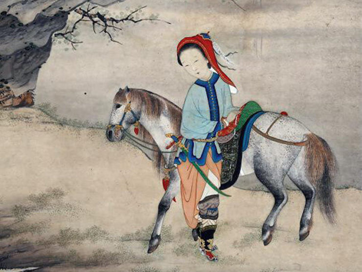Painting of a woman standing beside a horse