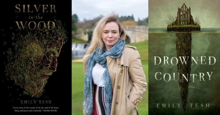 Author photo of Emily Tesh, bracketed by covers of Silver in the Wood and Drowned Country