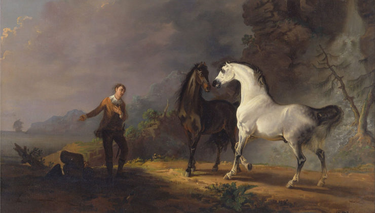 Painting of a man gesturing to two horses, illustrating a scene from Gulliver's Travels