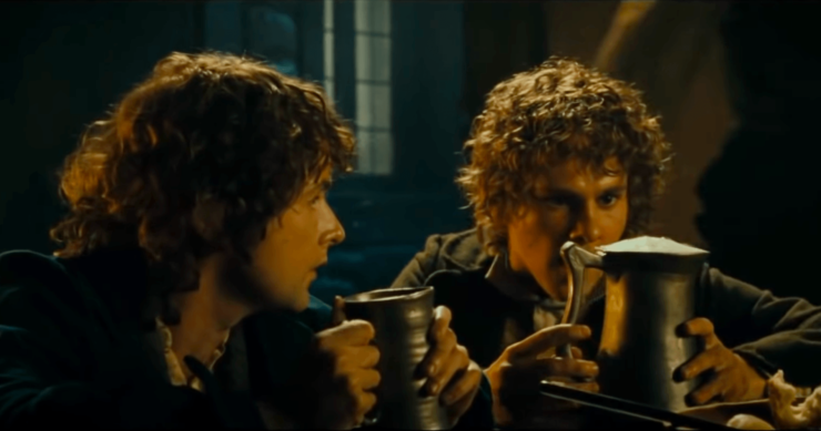Screenshot from The Lord of the Rings: The Fellowship of the Ring in which Pippin and Merry discover beer in pints