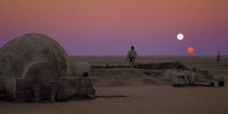 Tatooine at sunset in Star Wars Episode IV: A New Hope