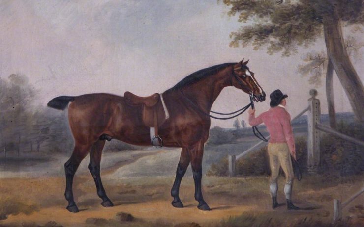 Painting of a huntsman leading a horse