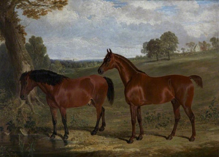 Painting of two horses in a landscape