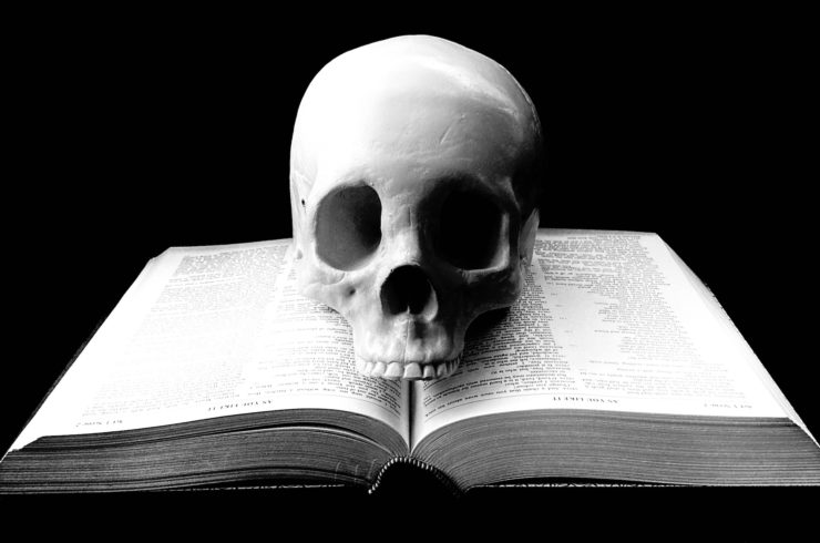 Photo of a skull resting on an open book