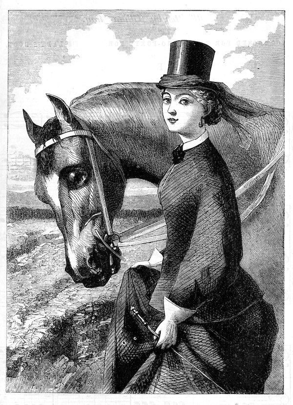 A woman in a fashionable riding habit, with her horse, from an 1866 magazine.