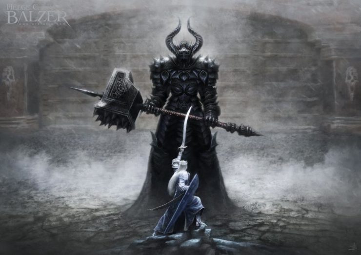A giant figure with a mace faces a human with a drawn sword