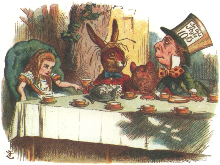Illustration of the Mad Hatter's tea party from Alice in Wonderland