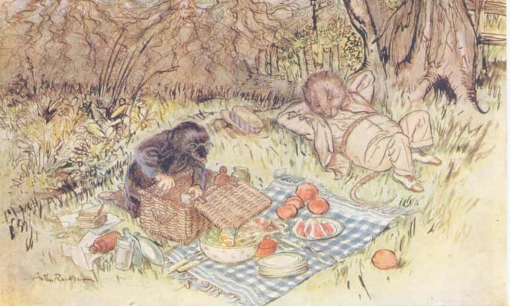 Illustration of Ratty and Mole at a picnic in a scene from The Wind and the Willows