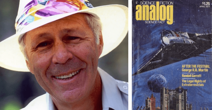 Photo of Ben Bova and the cover of his first Analog magazine