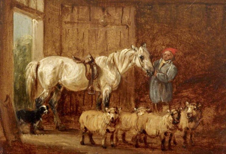 Painting of a White Horse with a Groom, and Sheep in a Barn