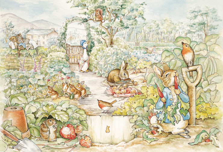 Peter Rabbit garden scene, art by Beatrix Potter