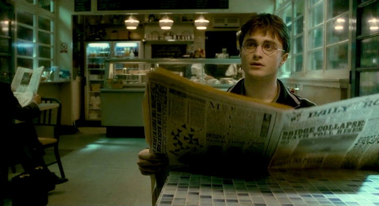 Harry Potter and the Half-Blood Prince, Harry reading newspaper