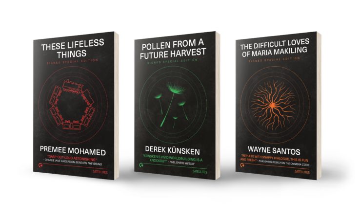 Satellites novella program, book covers for Premee Mohamed, Derek Künsken, and Wayne Santos