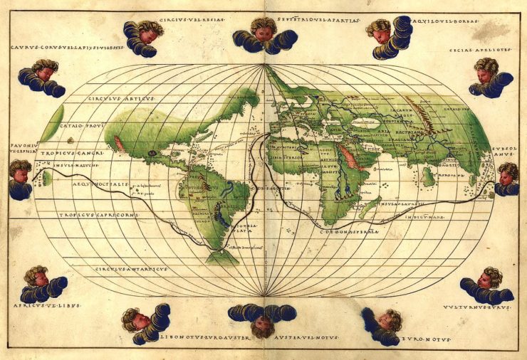 map of the known world from 1544, depicting an unfinished North America and missing Australia