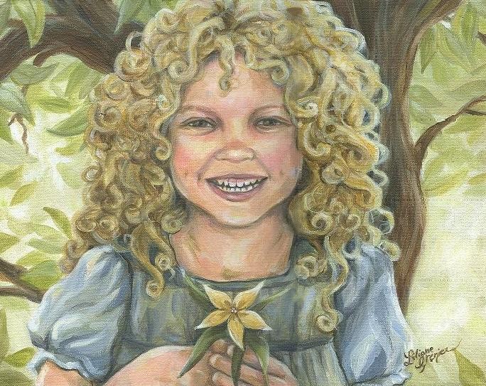 Portrait of a girl with curly, blond hair holding a yellow flower