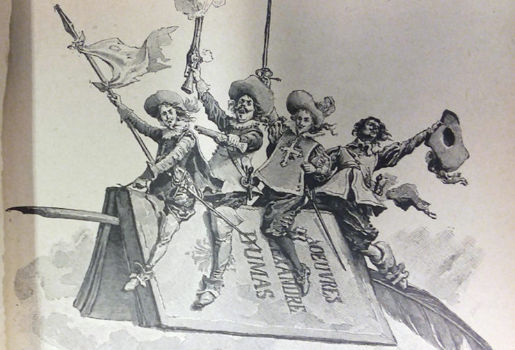 Illustration of thhe Three Musketeers riding on the spine of a book