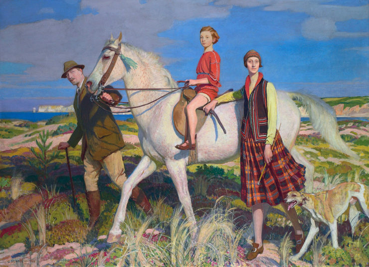 Paiting of a child on a horse, being led by a man and woman
