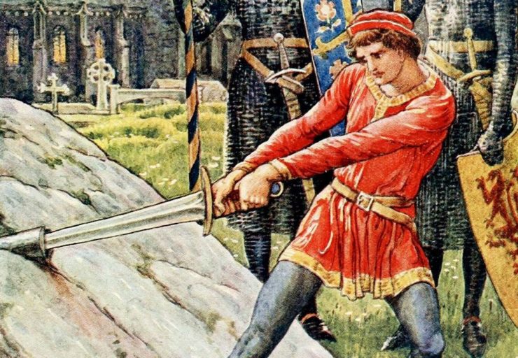 young King Arthur pulling Excalibur from the stone