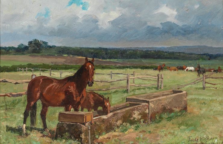 Painting of two horses standing at a drinking trough