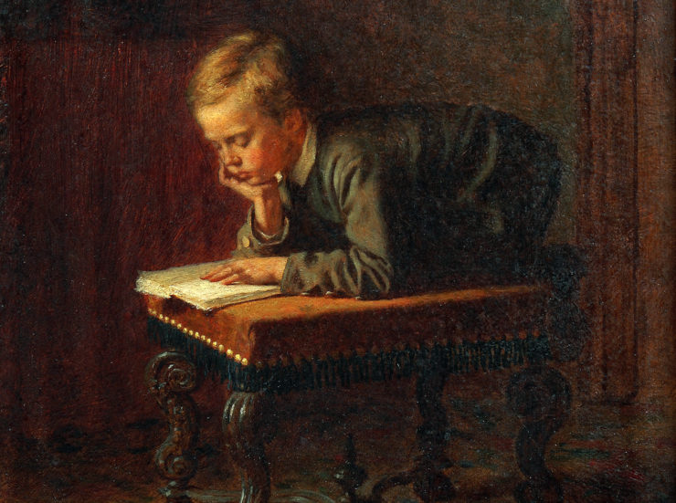 painting of a boy kneeling on an ottoman with an open book