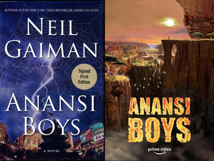 Anansi Boys cover and poster from Amazon Prime