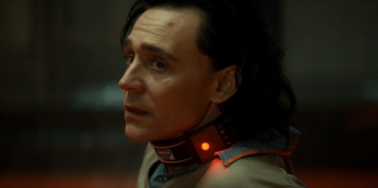 Loki in collar at TVA, Loki, episode one