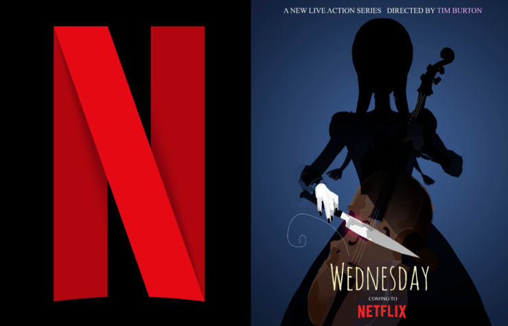 Netflix logo and Wednesday tv show poster