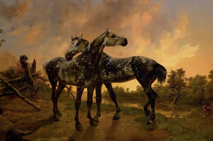 painting of two piebald horses in a field