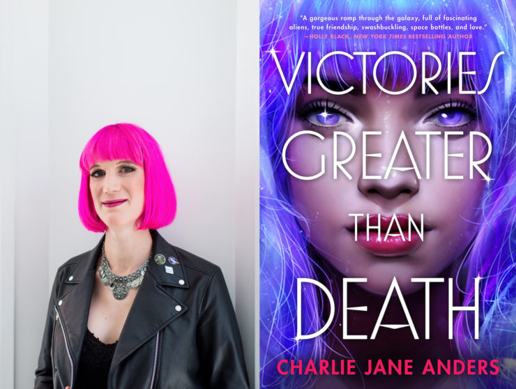 Charlie Jane Andres headshot beside cover for Victories Greater Than Death