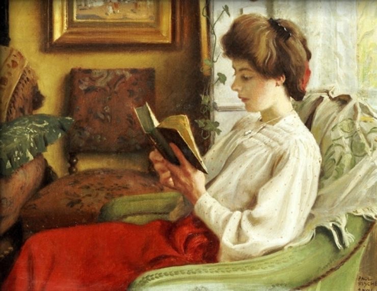 painting of a woman seated in an arm chair reading a book